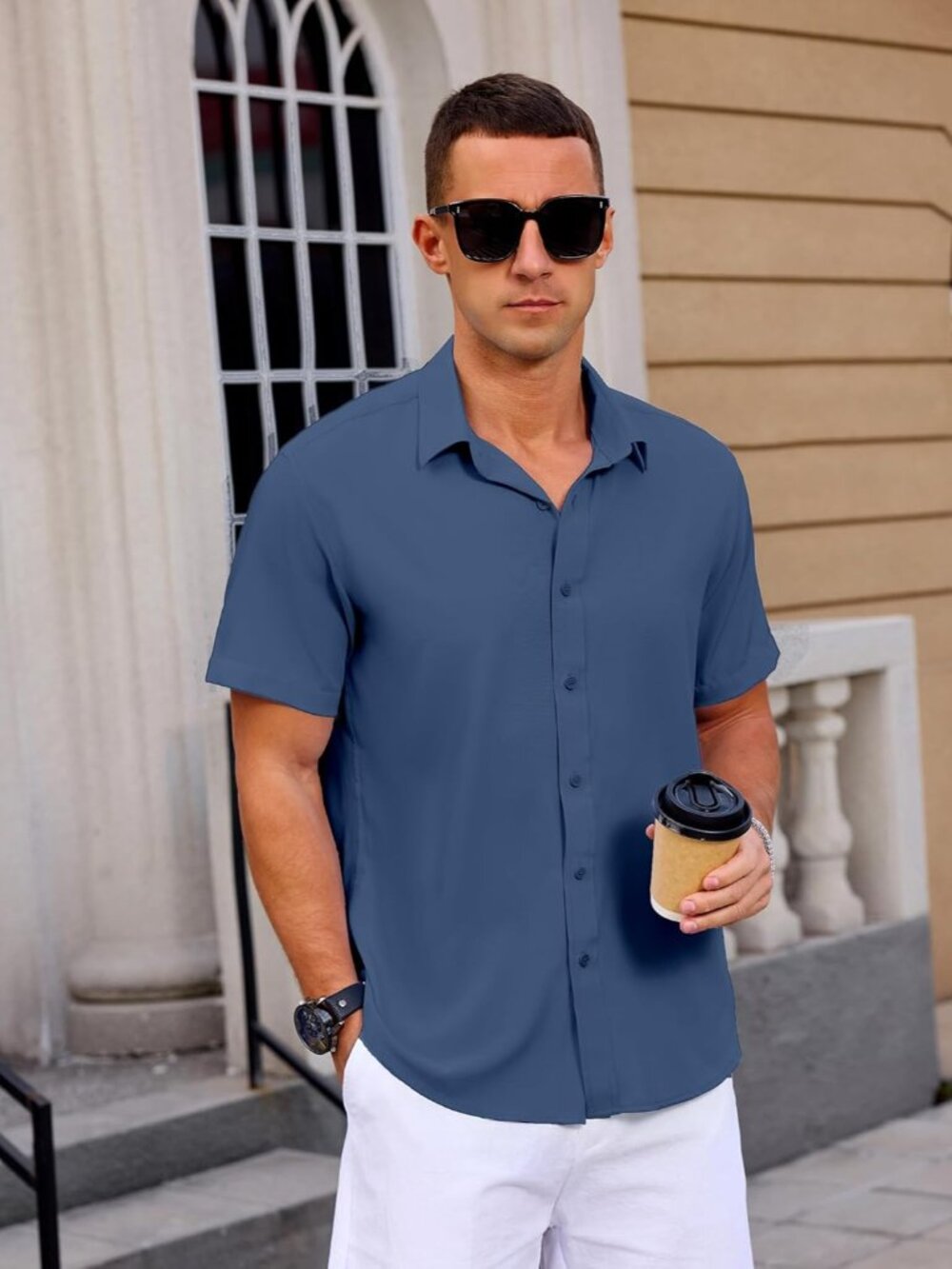 Men's Captain Blue Button Down Short Sleeve Summer Wedding Untucked Shirt - Picture 5 of 5